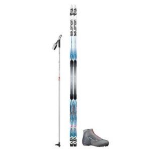 Cross-country skis, poles, and boots set for winter sports.