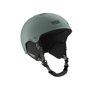 Matte green ski helmet with adjustable chin strap and ventilation.