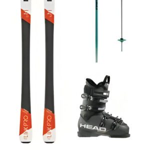 A pair of skis, ski poles, and a ski boot arranged together.