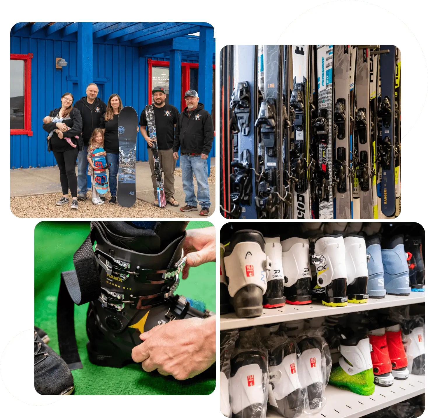 Group of people posing outside a ski rental shop with equipment.