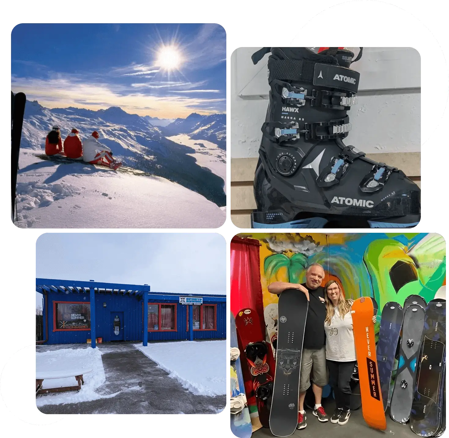 Two people sit on a snowy mountain overlooking a bright sun and blue sky.