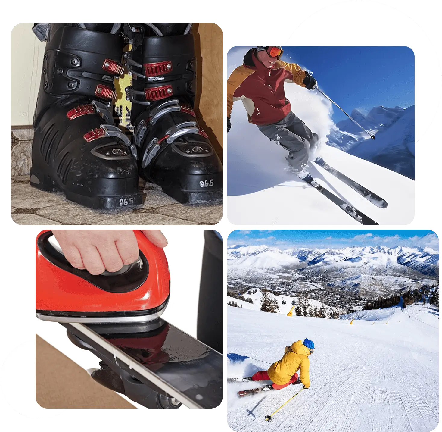 Collage showing ski boots, skiing action, waxing skis, and a skier on a snowy slope.
